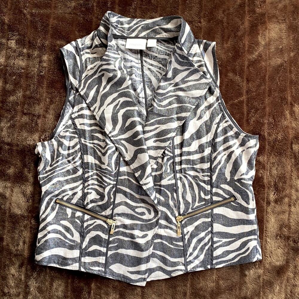 Chico’s 1 (M) Linen Blend Metallic Linen Blend Animal Stripe Vest IMMACULATE‎